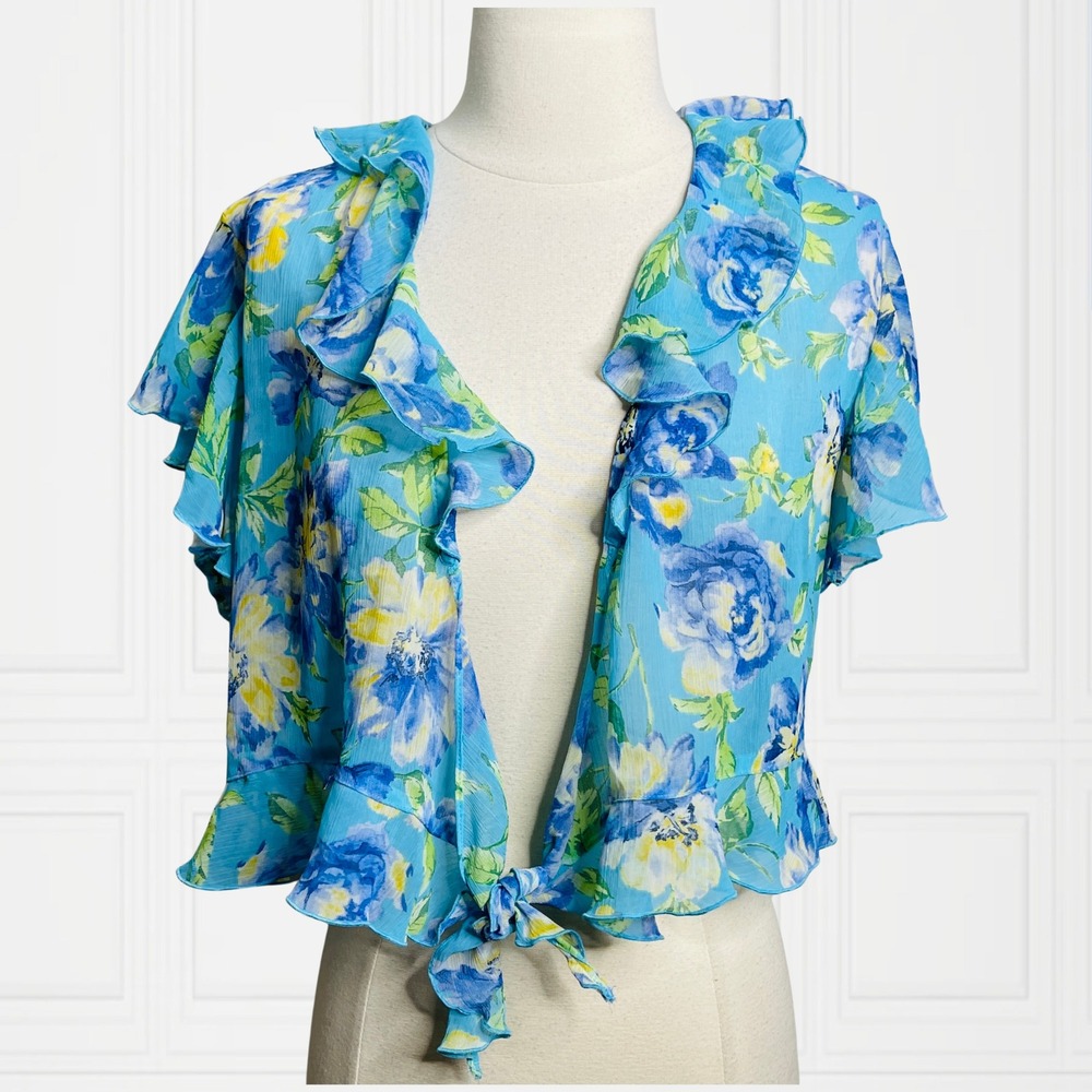 Blue Floral Chiffon Ruffle‎ Tie Front Bolero Shrug Short Sleeve Cropped Cardigan